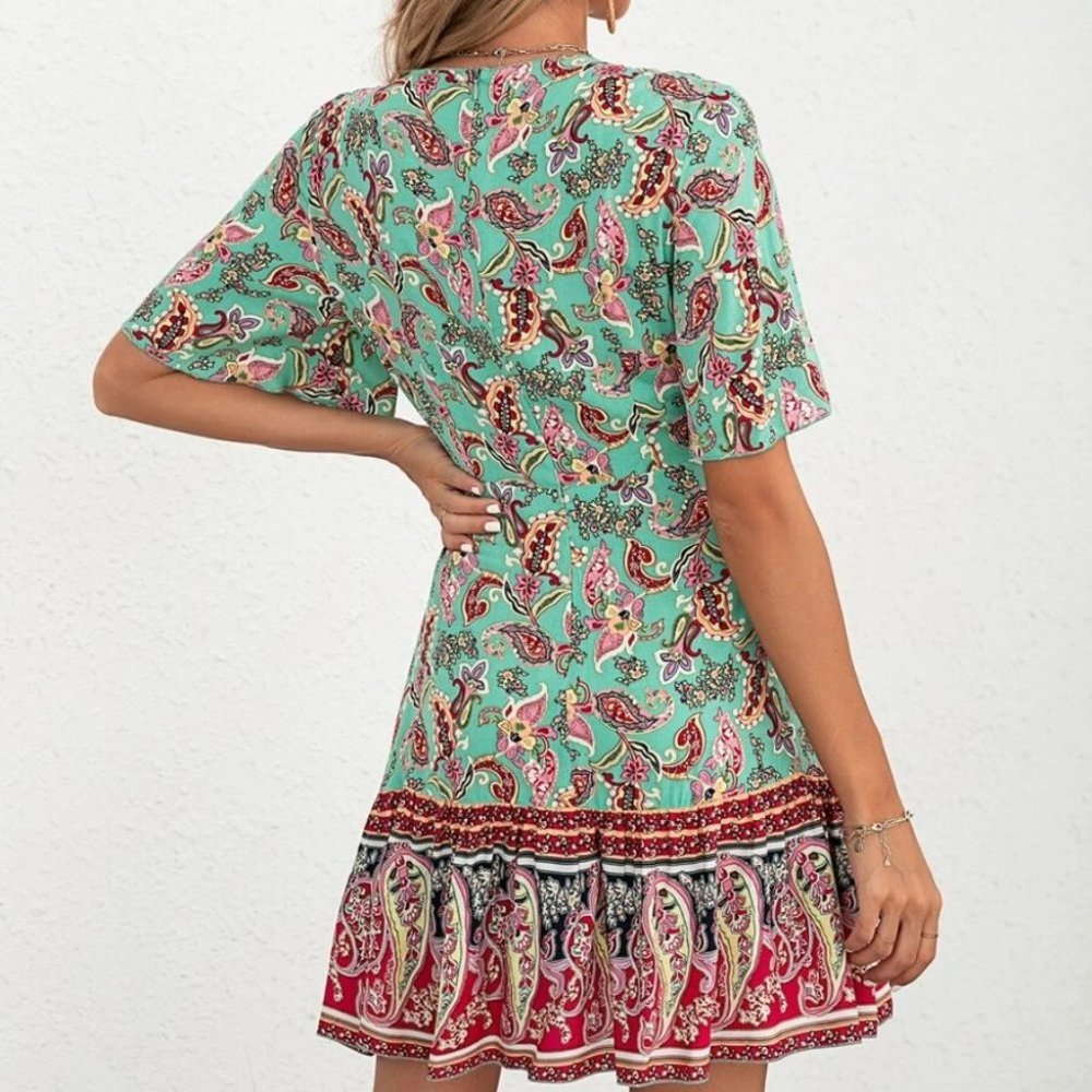 Green Paisley tie front Mini Dress - Picture 6 of 6